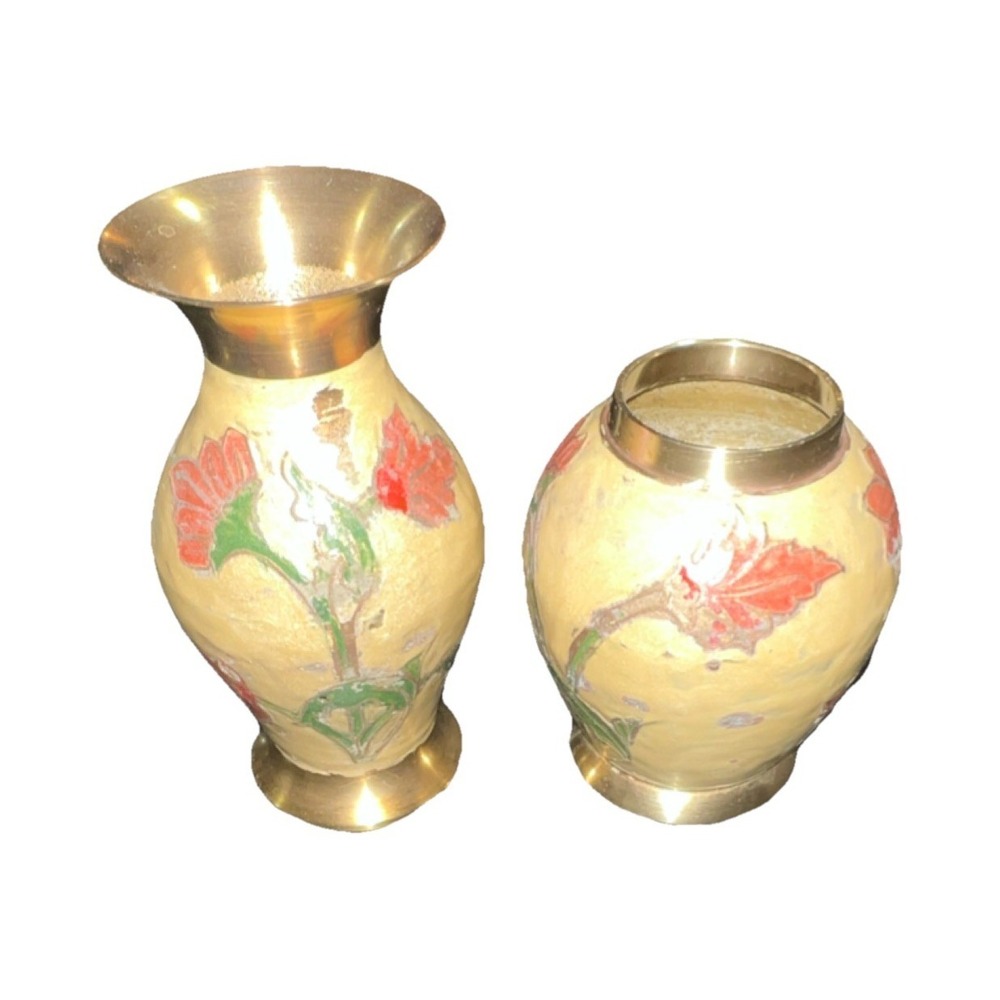 10/Vintage Solid Brass Hand Floral Painted Enamels Flower Vase 2 pieces 5''